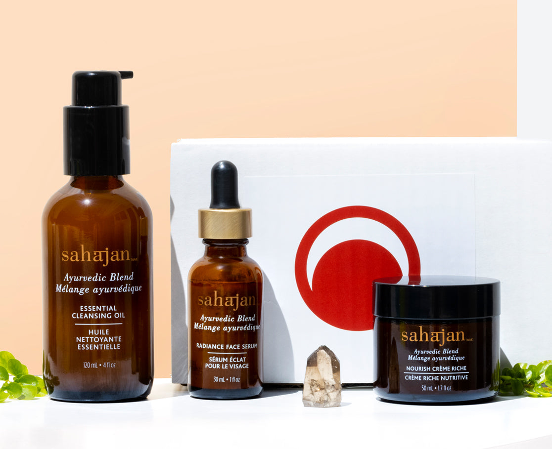 Beauty Heroes' beauty discovery box, featuring an essential cleansing oil, face serum, and nourishing cream from the brand sahajan