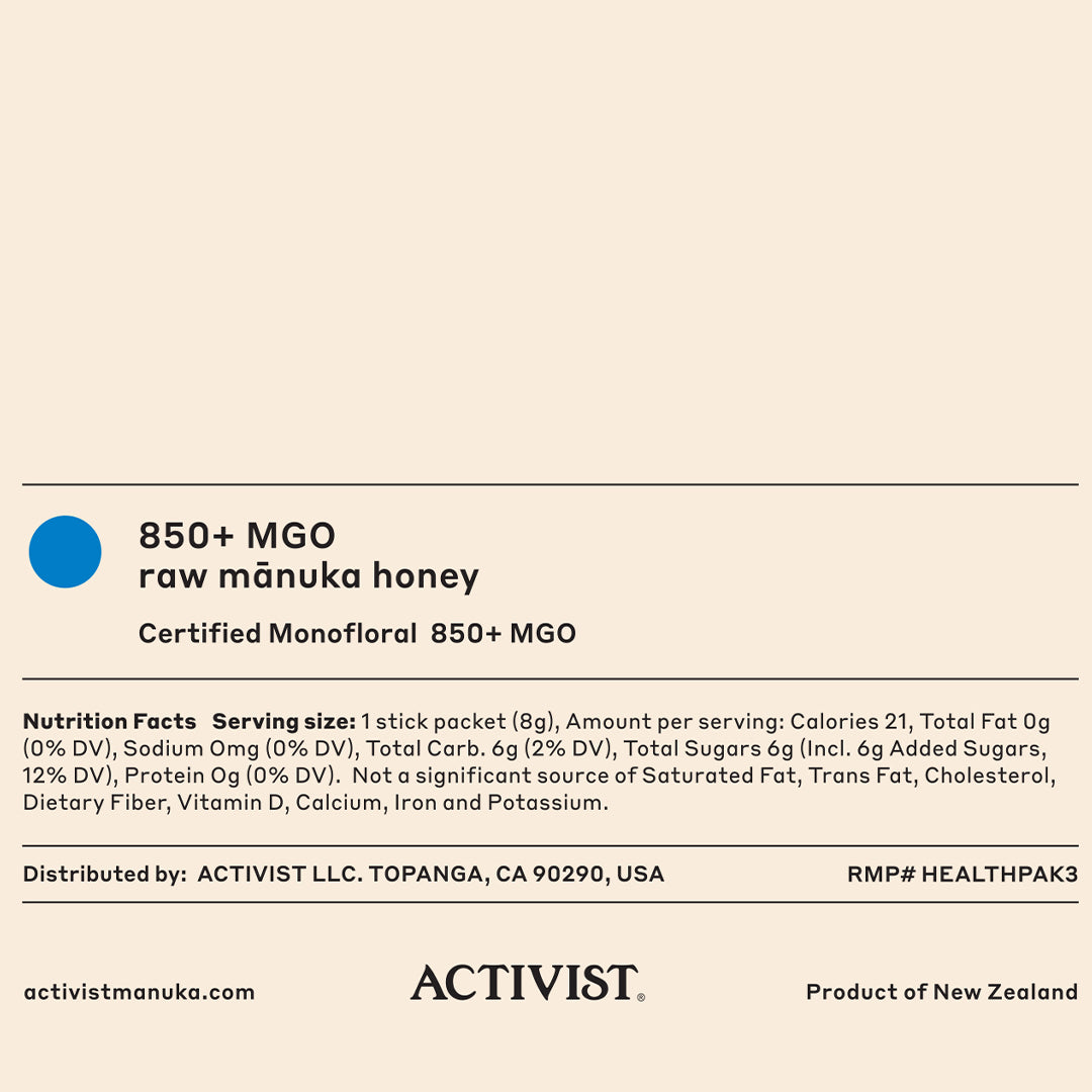 Activist Mānuka | HoneyBump | Nutrition Facts Image - label displaying Mānuka honey certification, serving size, nutritional information, and product origin on a beige background