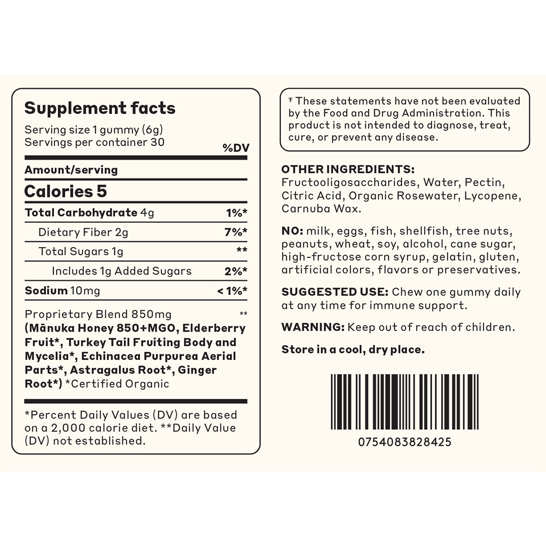 Activist Mānuka | Immune Gummies 850+ MGO | Supplement Facts Image2 - supplement facts label displaying nutritional information, ingredients, suggested use, and warnings on a cream background