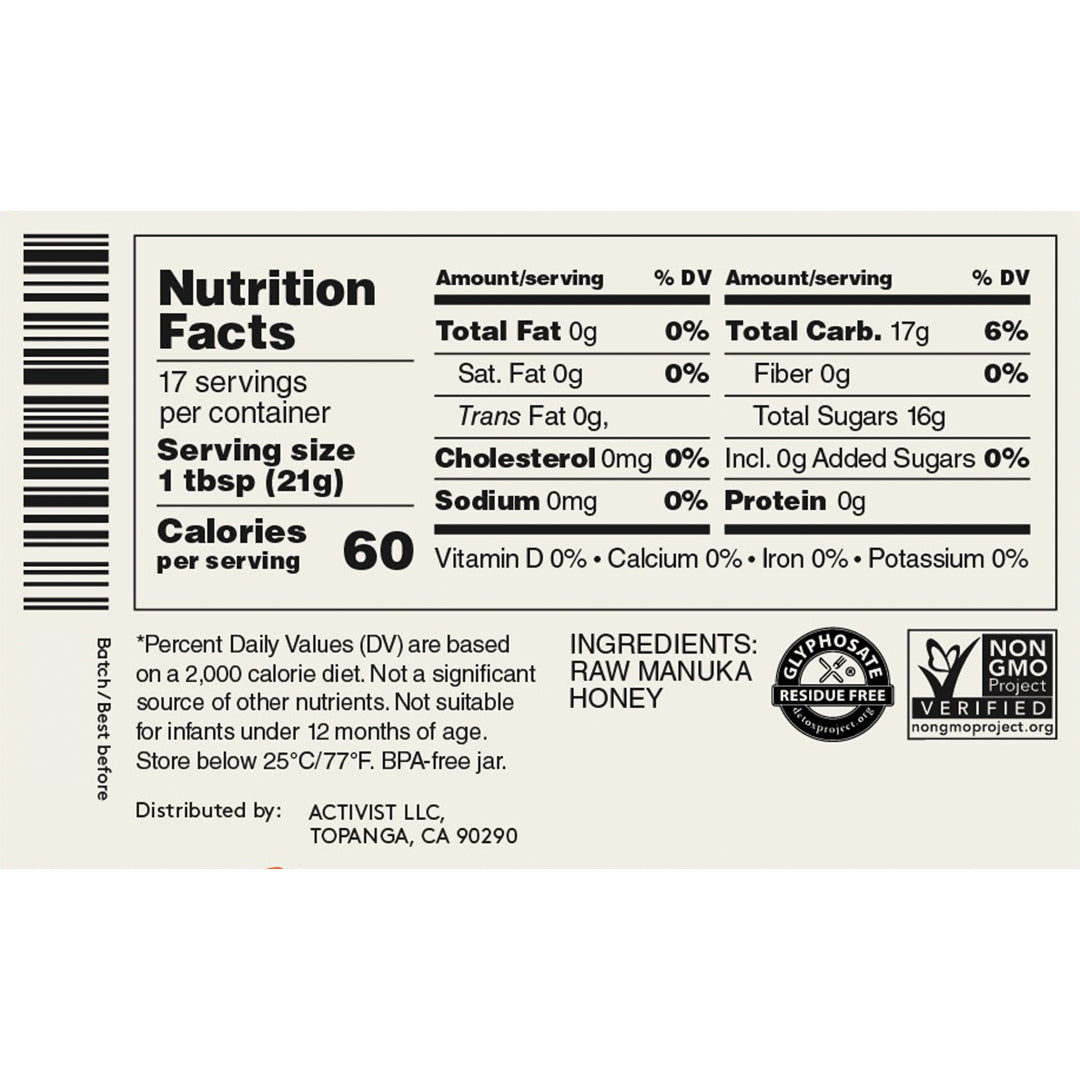 Activist Mānuka | Munchkins | Nutrition Facts Image - label displaying serving size, nutritional information, raw Mānuka honey ingredients, certifications, and storage instructions on a cream background