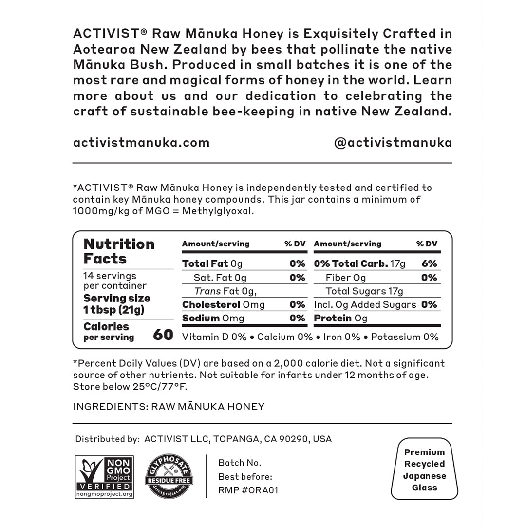Activist | Raw Mānuka Honey 1000+ MGO | Nutrition Facts Image - label displaying Mānuka honey certification, nutritional information, ingredients, storage instructions, and product certifications on a white background