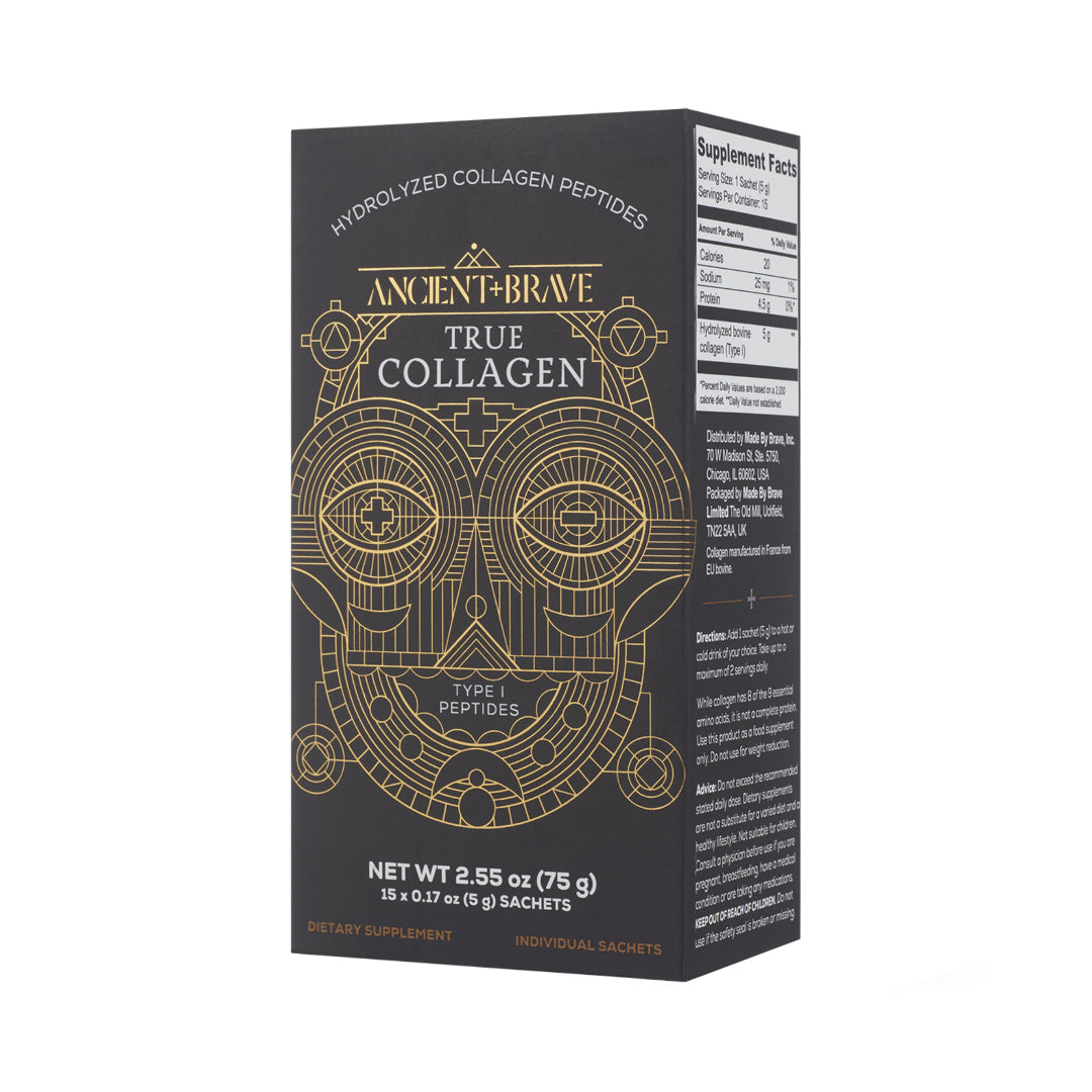 Ancient + Brave | True Collagen | Angled Box Product Image - box in dark gray packaging shown on a white background