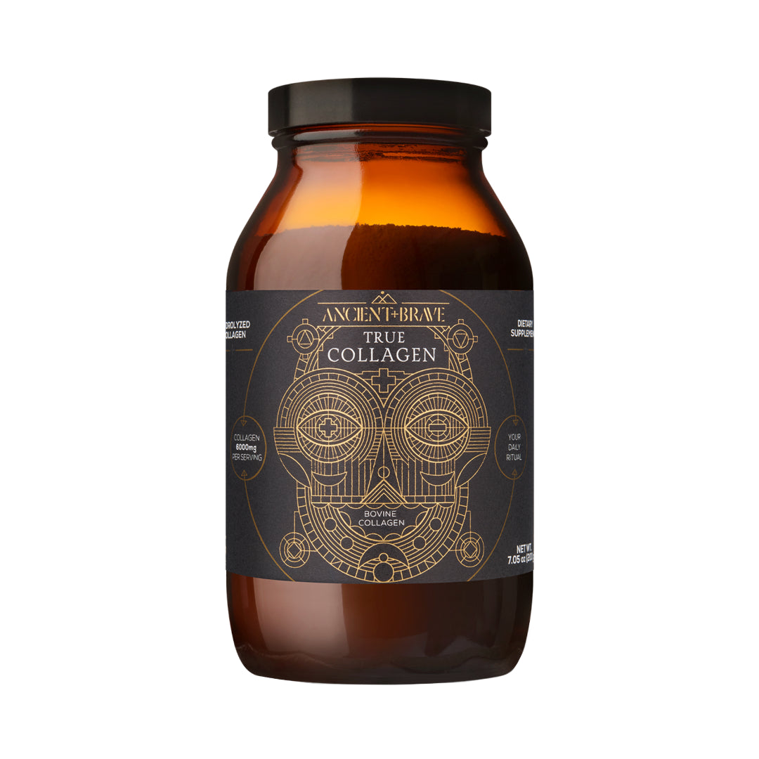 Ancient + Brave | True Collagen | Product Image - glass jar with a black lid shown on a white background