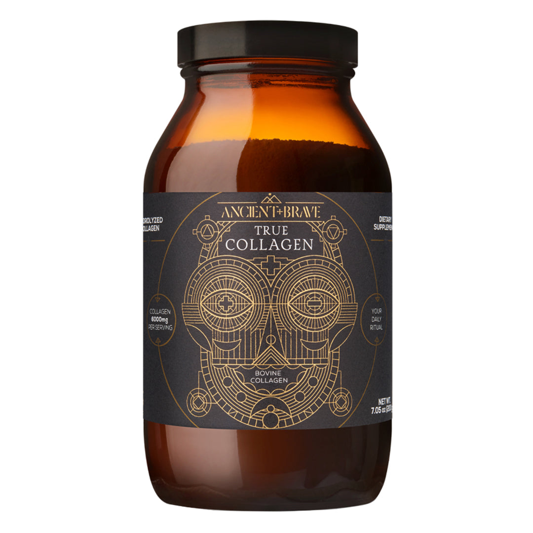 Ancient + Brave | True Collagen | Product Image - glass jar with a black lid shown on a white background