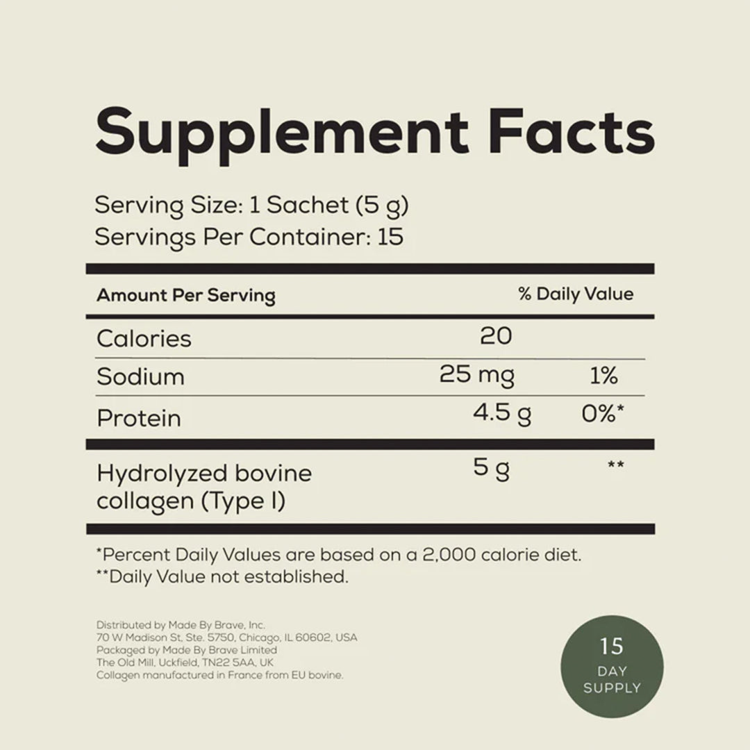 Ancient + Brave | True Collagen | Supplement Facts 15-day Supply Image - supplement Facts panel showing serving size, hydrolyzed bovine collagen (Type I)