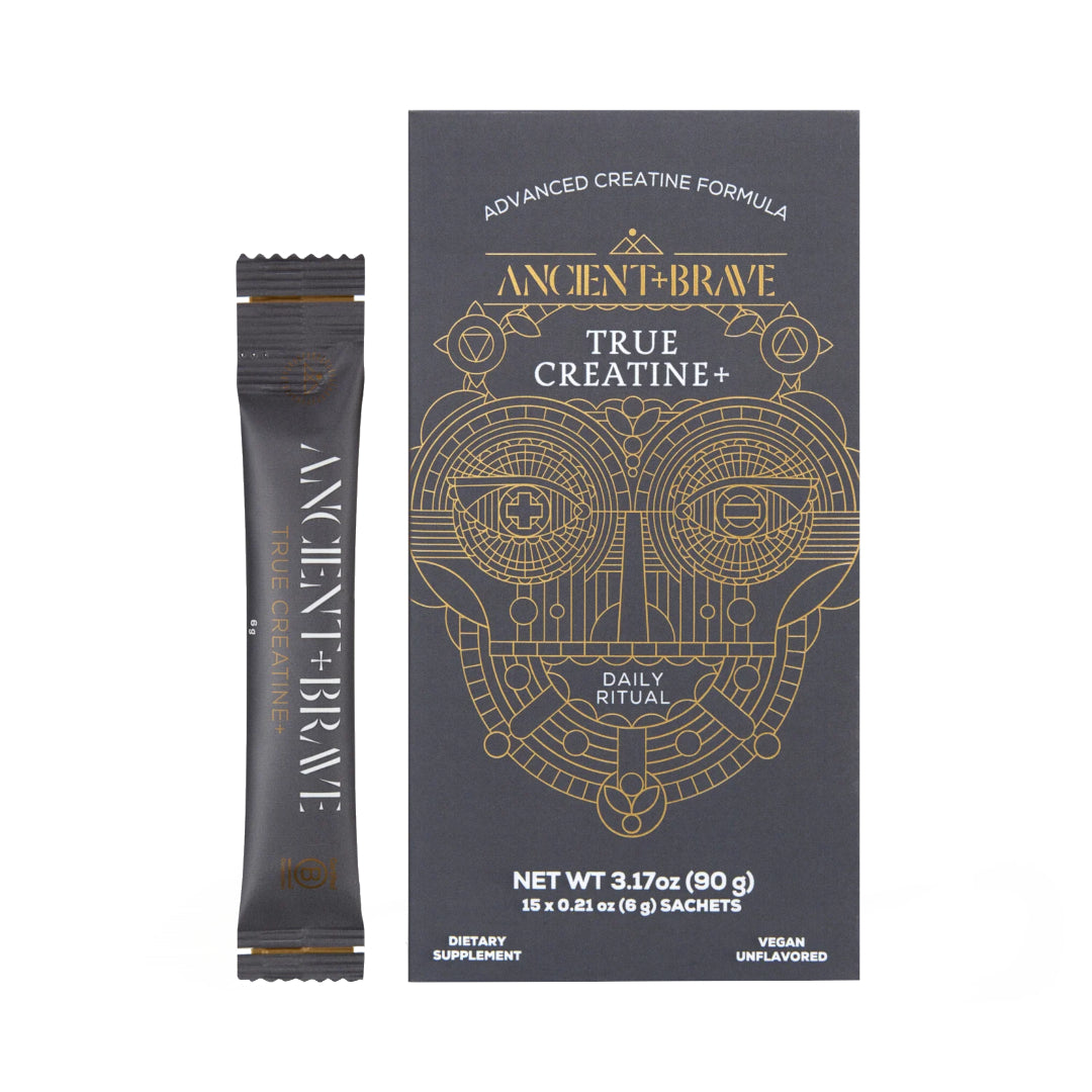 Ancient + Brave | True Creatine+ | Box Product Image - box in dark gray packaging alongside a single-serve sachet on a white background
