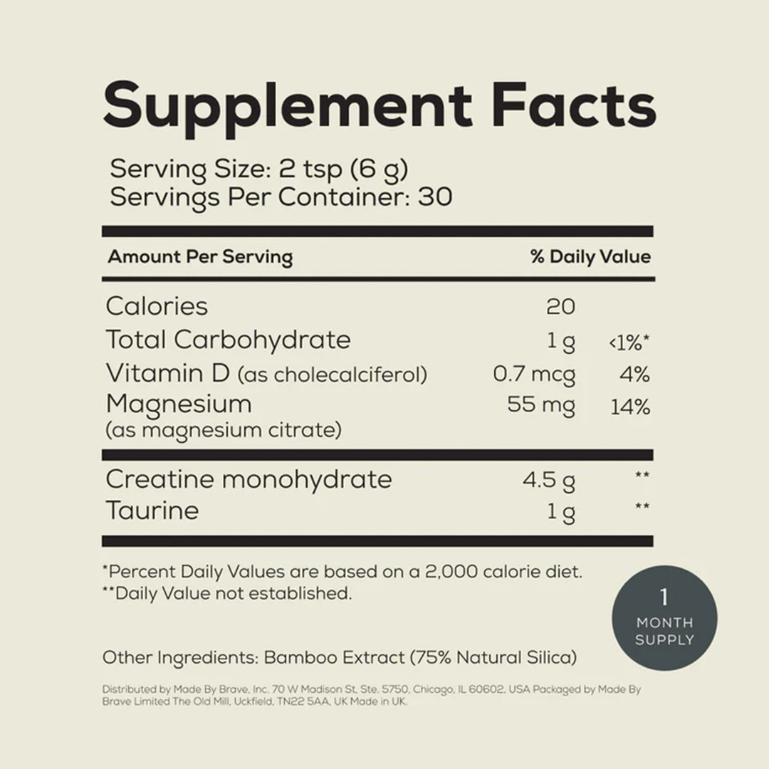 Ancient + Brave | True Creatine+ | Supplement Facts Panel - supplement facts panel showing serving size, nutrition information, and ingredients