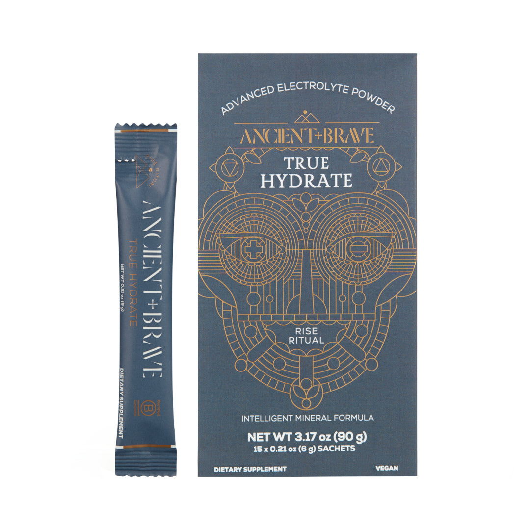 Ancient + Brave | True Hydrate | Box with Sachet Product Image - box in muted blue packaging with single-serve sachet shown on a white background