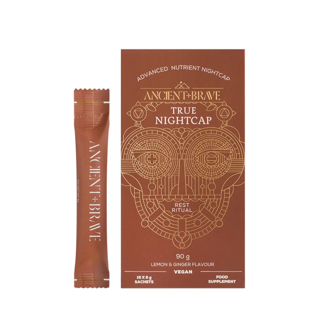 Ancient + Brave | True Nightcap | Sachet Product Image - sachet and box in brown packaging shown on a white background