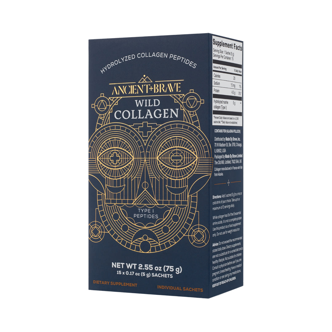 Ancient + Brave | Wild Collagen | Angled Box Product Image - box in deep blue packaging with gold geometric face illustration, shown on a white background