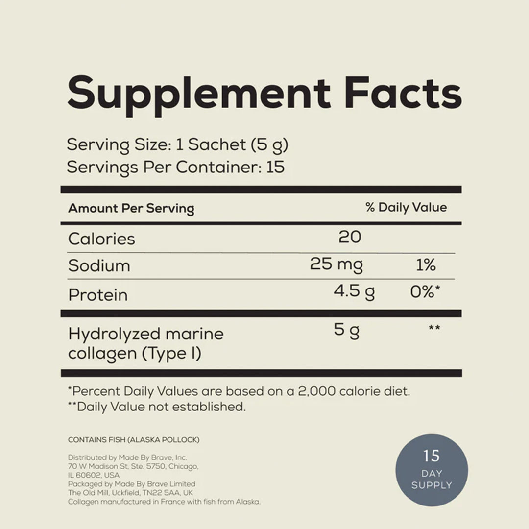 Ancient + Brave | Wild Collagen | Supplement Facts 15-day Supply Image - supplement Facts panel showing serving size, hydrolyzed marine collagen (Type I), sodium, protein