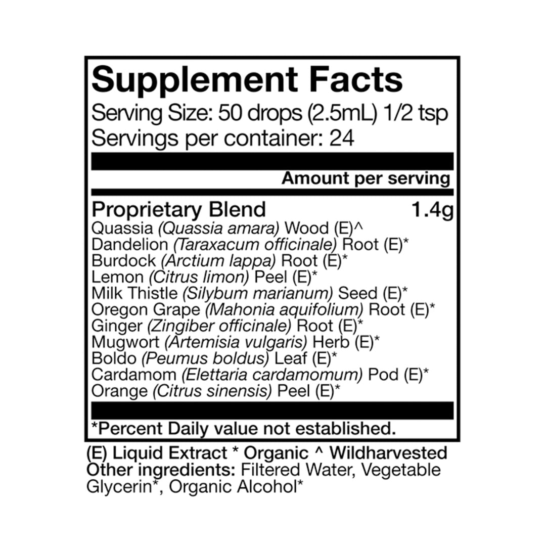 Anima Mundi | Amargo Bitters | Supplement Facts Image - supplement panel showing a proprietary herbal blend with quassia, dandelion root, burdock root, lemon peel, milk thistle, Oregon grape root, ginger, mugwort, boldo, cardamom, and orange peel, plus filtered water, vegetable glycerin, and organic alcohol