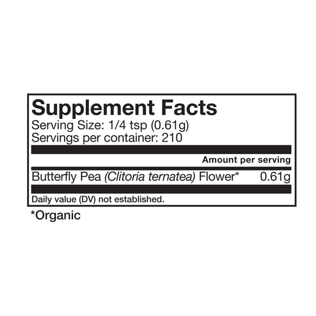 Anima Mundi | Butterfly Pea Flower | Supplement Facts Image - panel showing a serving size of 1/4 tsp (0.61 g), 210 servings per container, and 0.61 g of organic butterfly pea (Clitoria ternatea) flower per serving