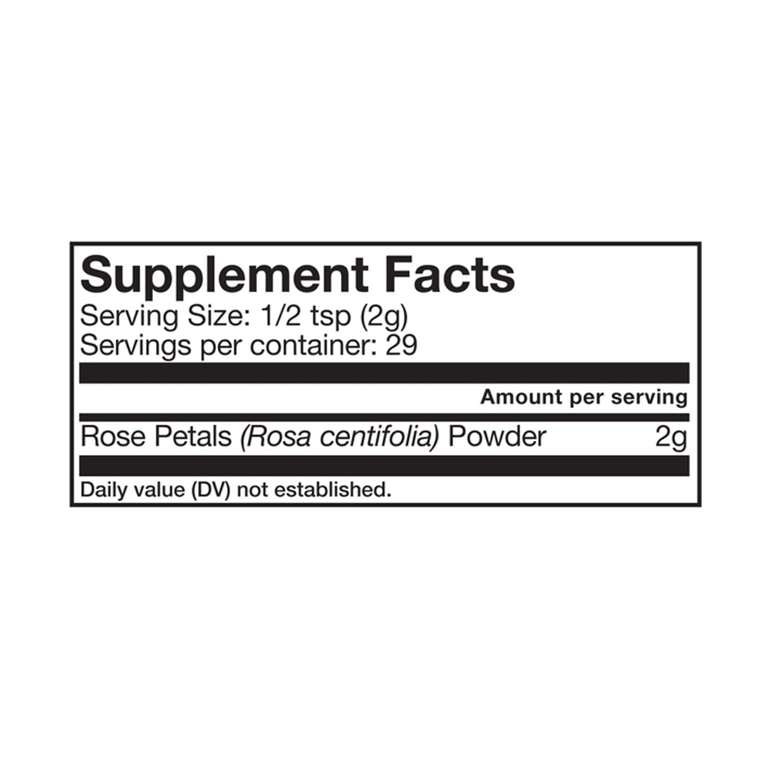 Anima Mundi | Rose Powder | Supplement Facts Image - panel showing a serving size of 1/2 teaspoon (2 g), 29 servings per container, and Rose Petals (Rosa centifolia) Powder as the sole ingredient