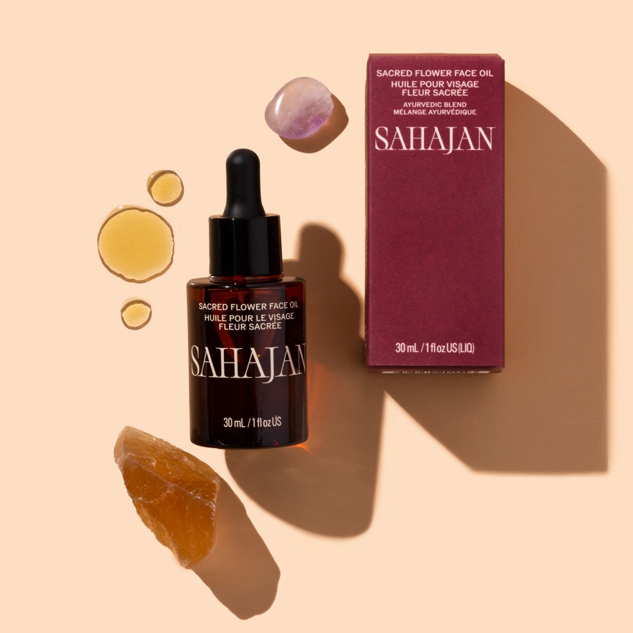 Sahajan skincare product with bottle and packaging on a beige background