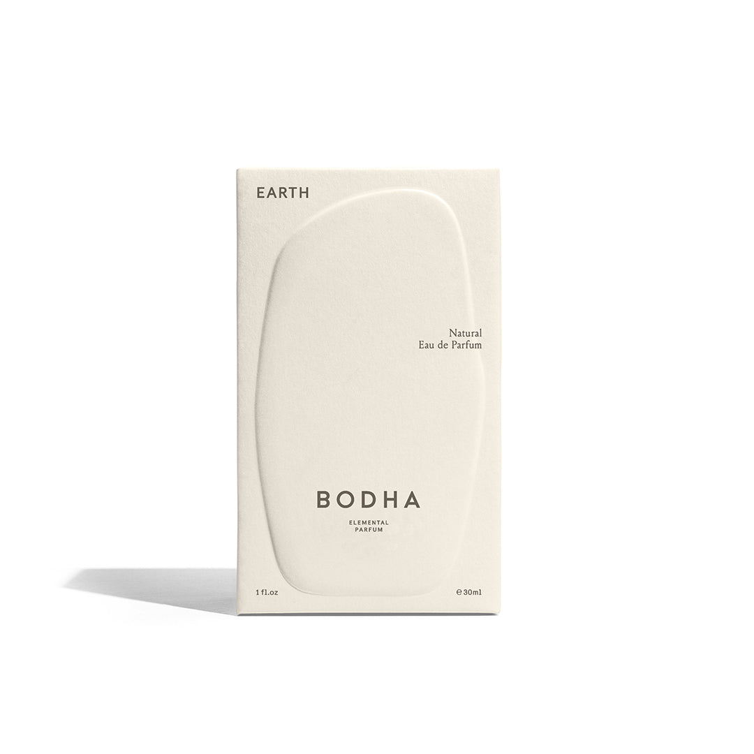 BODHA | Elemental Eau de Parfum | Packaging Image - Earth Elemental Eau de Parfum box standing on a white background with a soft shadow