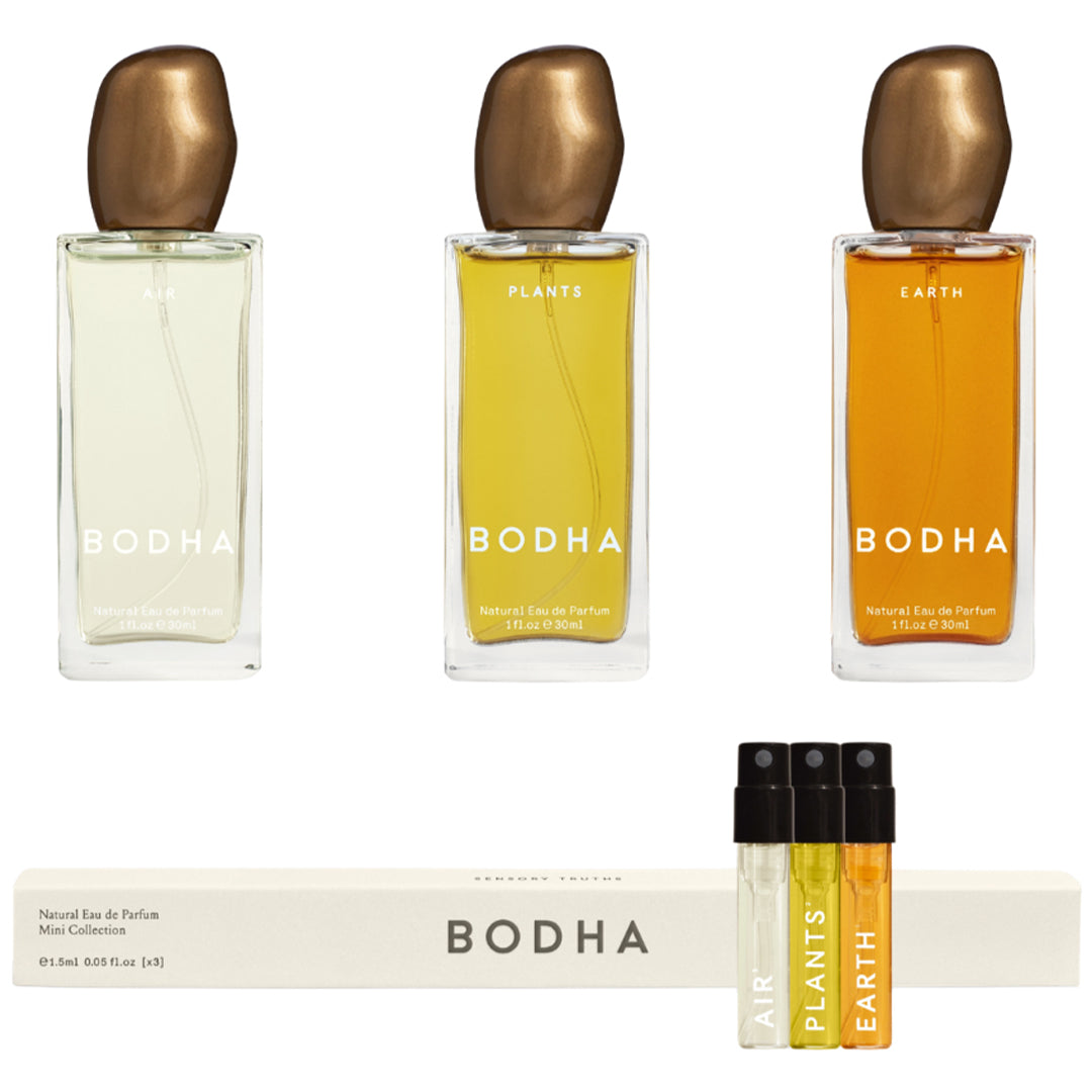 BODHA | Elemental Eau de Parfum | Product Image - Air, Plants, and Earth full-size Eau de Parfum bottles displayed with three matching mini fragrance sprays