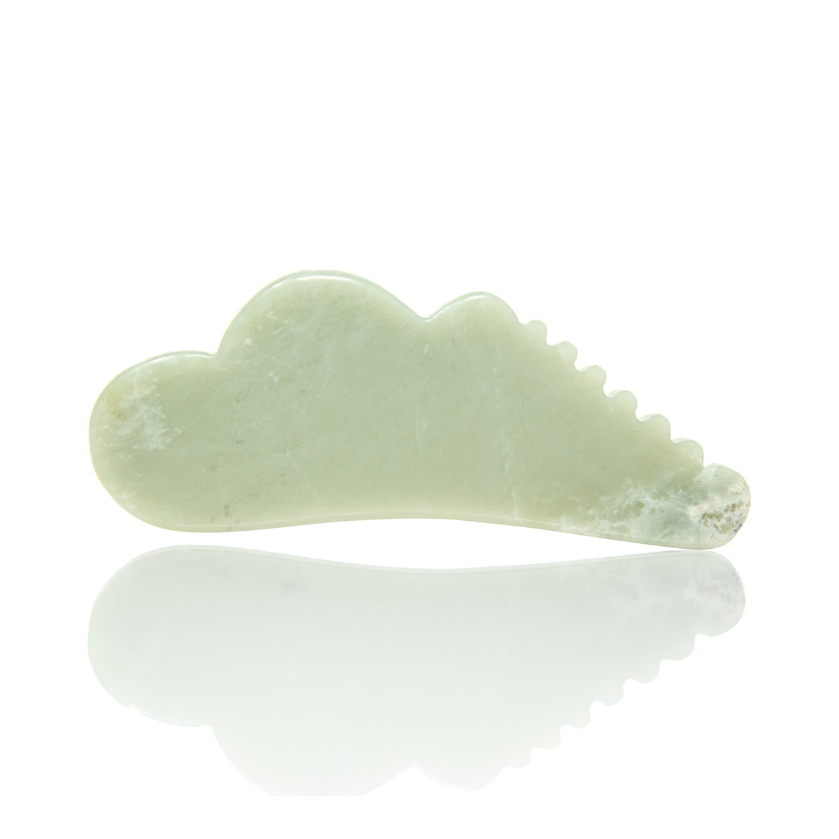 Cecily Braden | Pocket Jade Gua Sha with Ridges | Front Image - light green jade gua sha tool with curved and ridged edges on a white background