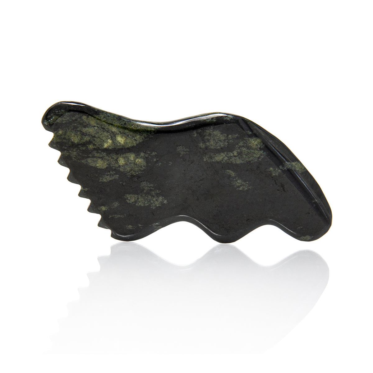 Cecily Braden Spa | CJB Pro Nephrite | Front View Image - dark nephrite gua sha tool with a scalloped edge on a white background