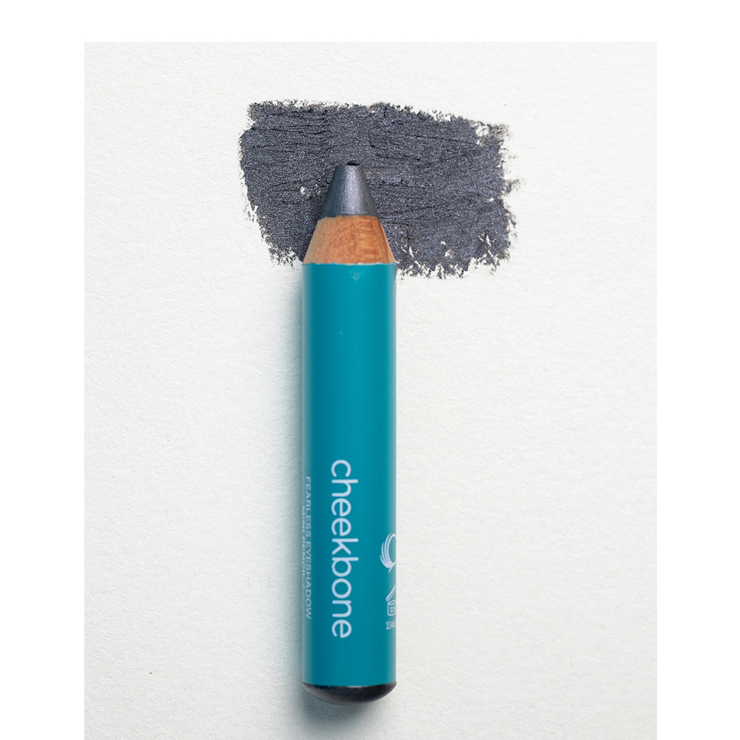 Cheekbone Beauty | Fearless Eyeshadow Mini Onyx Shade | Swatch Image - mini pencil in a smoky charcoal gray shade with a swatch on a white background