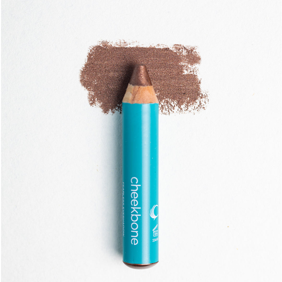 Cheekbone Beauty | Fearless Eyeshadow Mini Smokey Quartz Shade | Swatch Image - mini pencil in a shimmery bronze-brown shade with a swatch on a white background