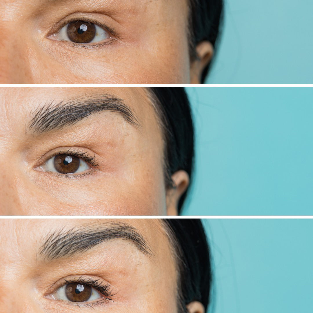 Cheekbone Beauty | Uprise Mascara | Before and After Image2 - before and after close-up showing lash enhancement on a turquoise blue background