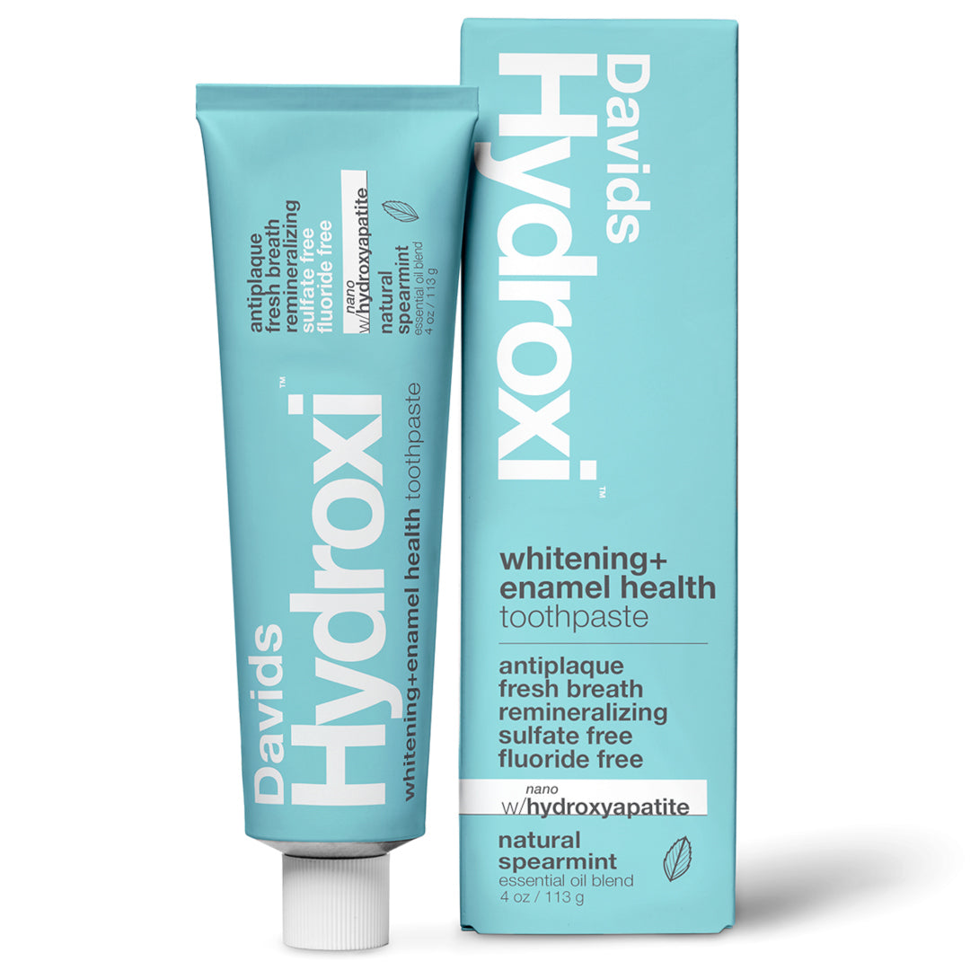 Davids | Hydroxi™ Whitening + Enamel Health Toothpaste - Spearmint | Product Image - blue toothpaste tube and matching box on a white background