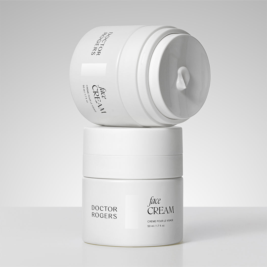 Doctor Rogers | Face Cream | Texture Image - open jar showing the cream texture beside a closed jar