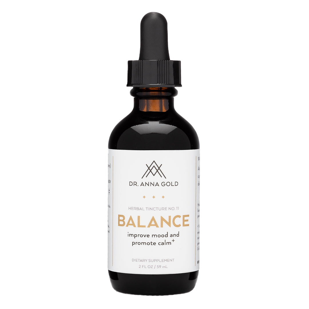 Dr. Anna Gold | Balance | Product Image - herbal tincture bottle with dropper on a white background