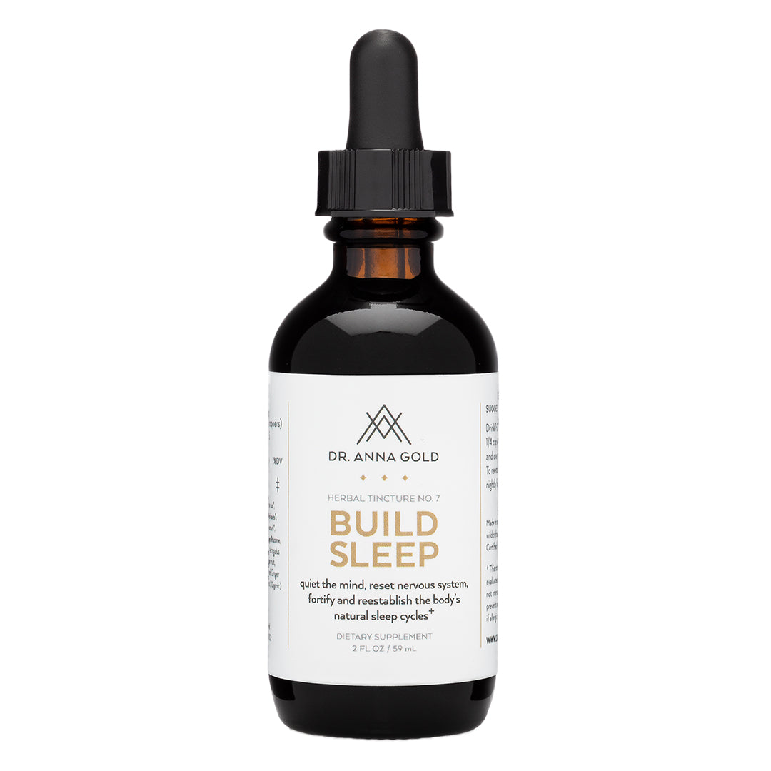 Dr. Anna Gold | Build Sleep | Product Image - herbal tincture amber bottle on a white background