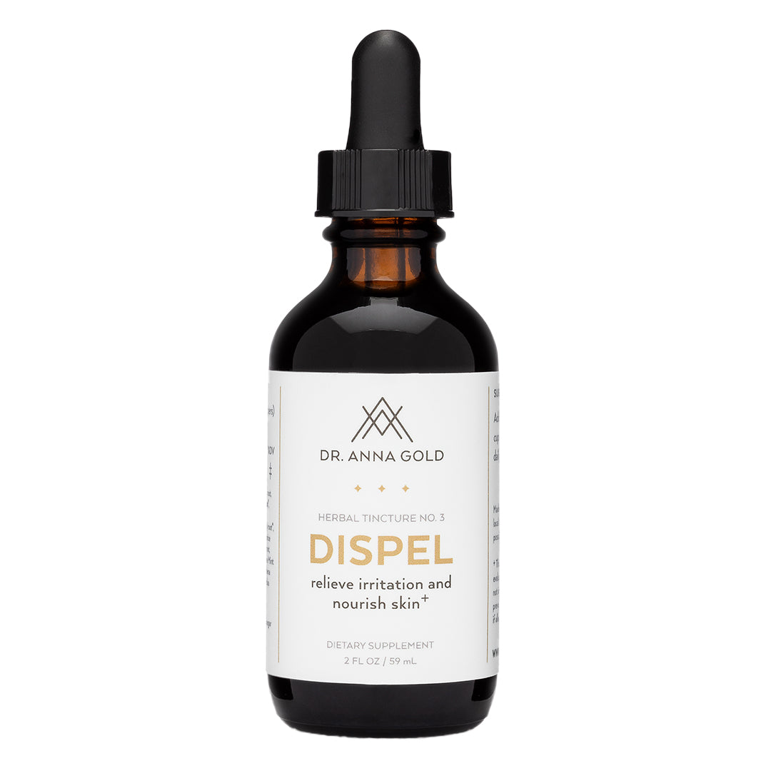 Dr. Anna Gold | Dispel | Product Image - herbal tincture amber bottle on a white background
