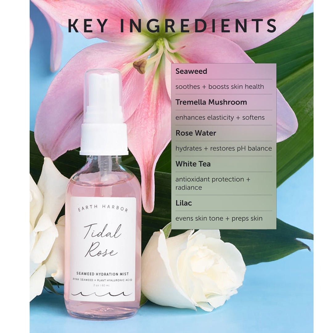 Earth Harbor | Tidal Rose Seaweed Hydration Mist | Key Ingredients Image - mist bottle with a list of key ingredients against a floral background