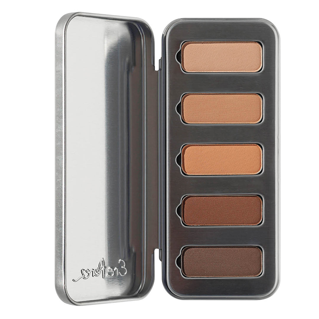 Ere Perez | Chamomile Eye Palette Element Matte | Product Image - open silver eye palette on a white background, displaying five matte neutral eyeshadows ranging from light beige to deep brown