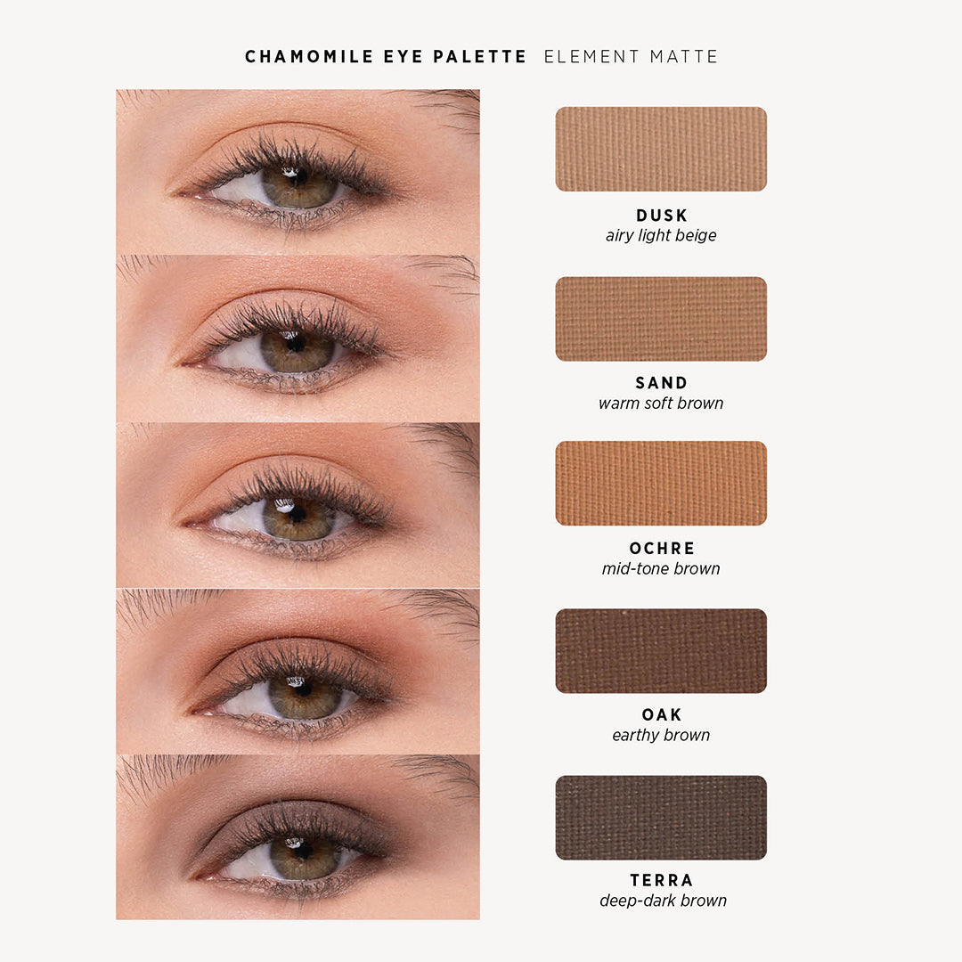 Ere Perez | Chamomile Eye Palette Element Matte | Swatch Image - eye palette Element Matte shade chart showing five eye looks with coordinating swatches in Dusk, Sand, Ochre, Oak, and Terra