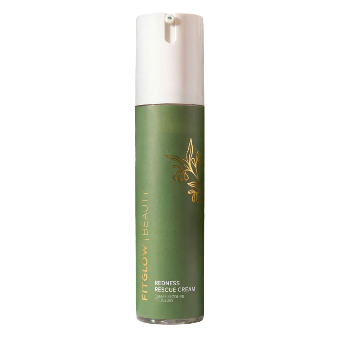 Fitglow Beauty | Redness Rescue Cream | Product Image - green bottle with a white cap on a white background