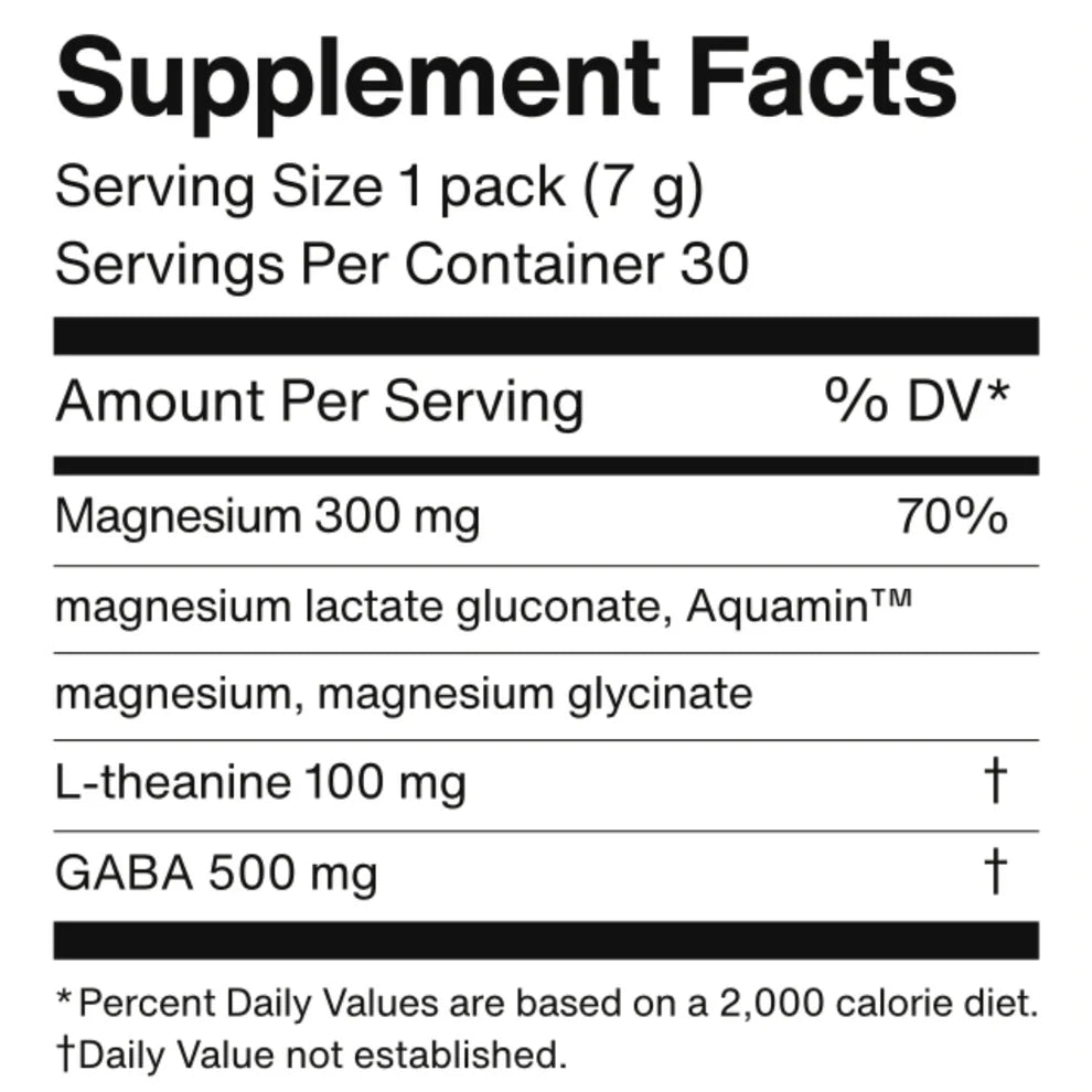 Foria | Mellö Magnesium Superblend | Supplement Panel - supplement Facts panel showing serving size, magnesium, L-theanine, and GABA amounts per serving