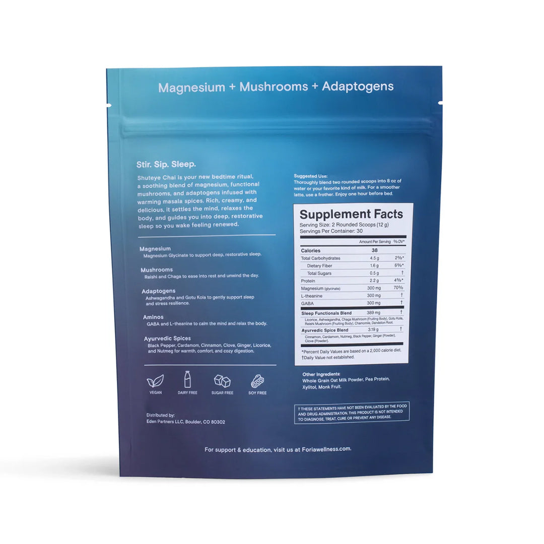 Foria | Shuteye Chai | Supplement Facts Image - back pouch featuring product details, suggested use, key ingredients