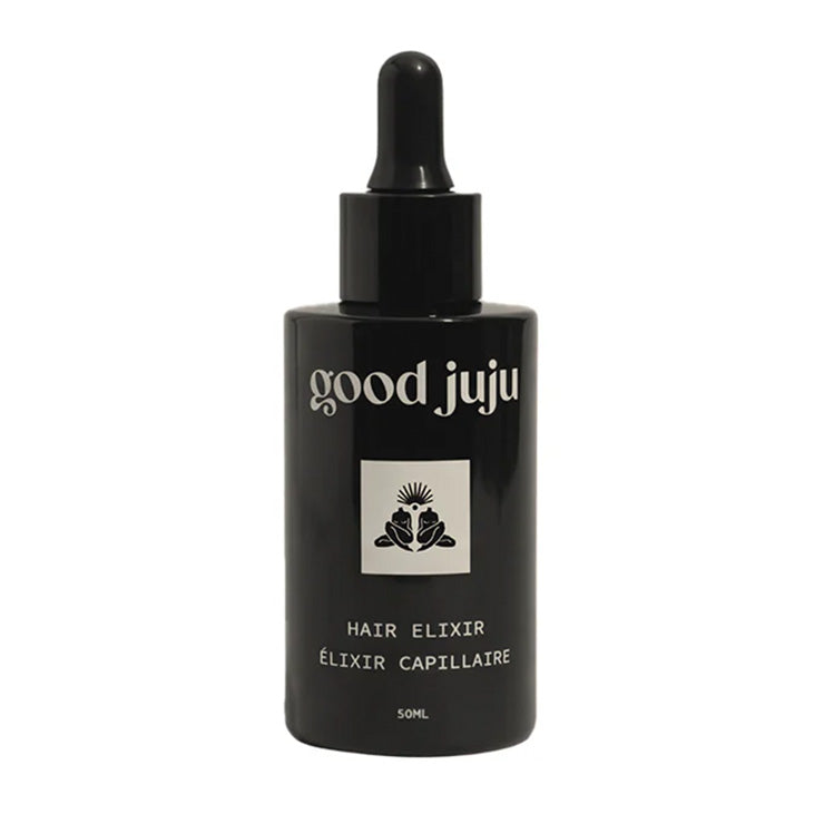 Good Juju | Hair Elixir | Primary image isolated on white, black bottle with white text on white background with black dropper