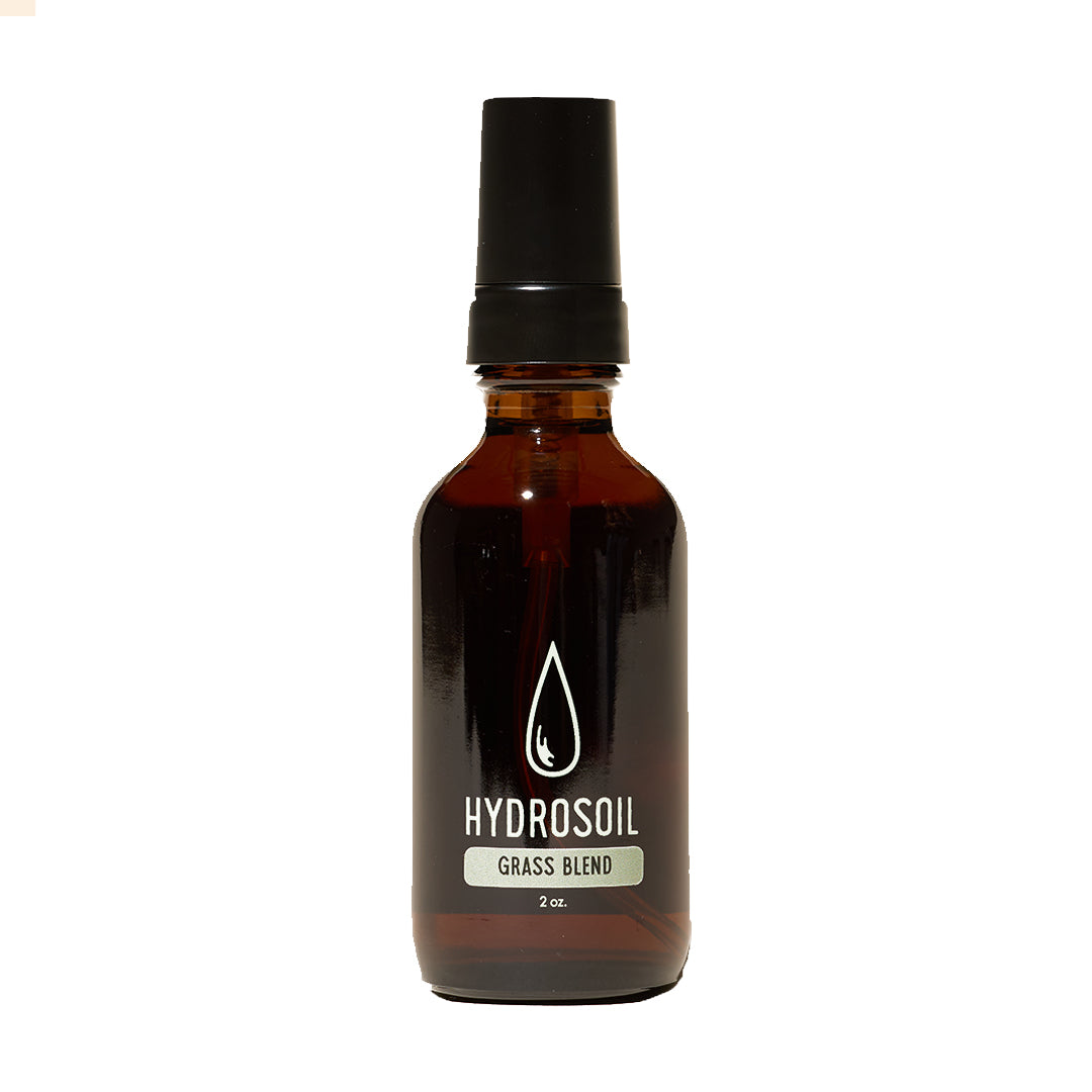 Hydrosoil | Grass Blend Mist 2 oz | Product Image - spray bottle with amber glass packaging on a white background