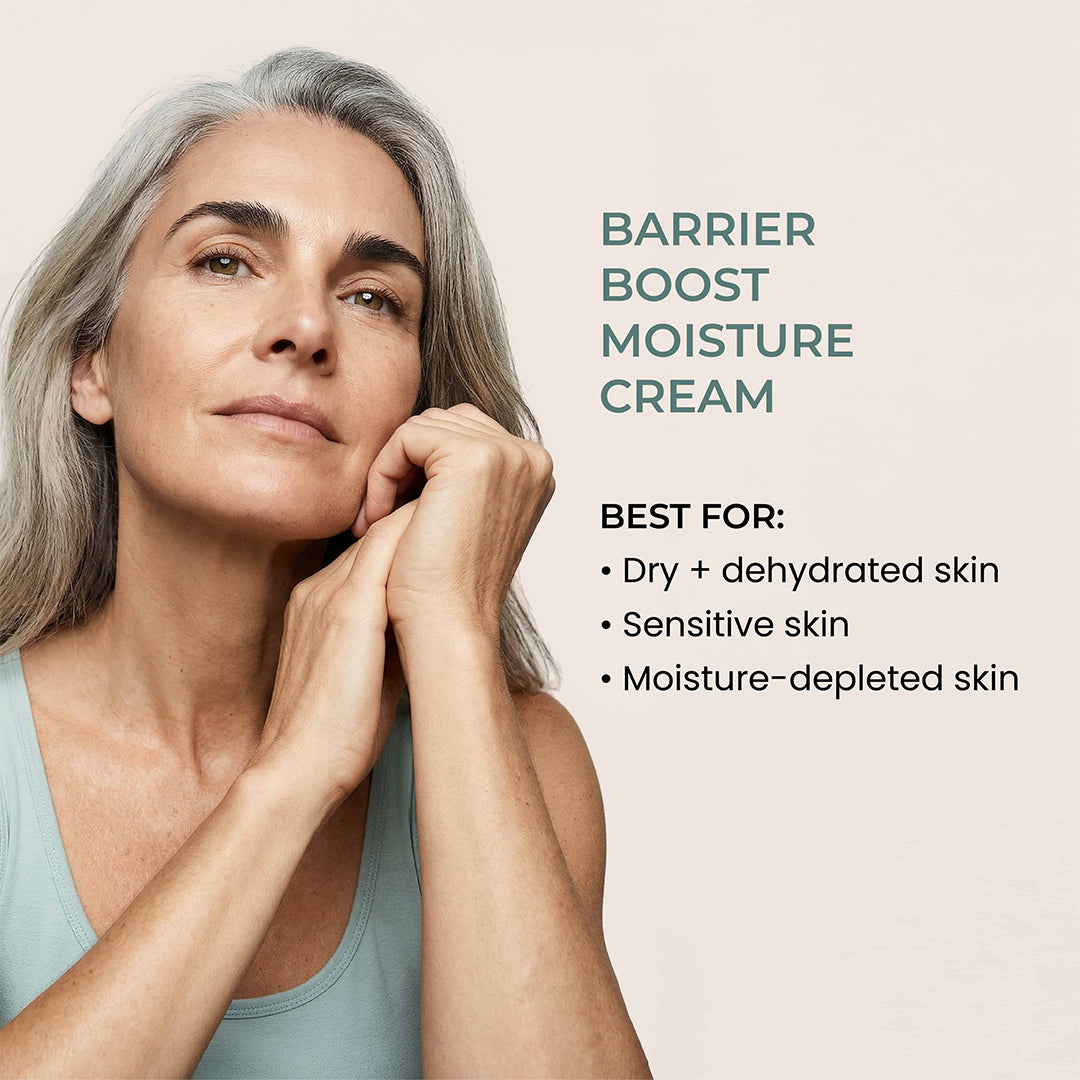 Indie Lee | Barrier Boost Moisture Cream | Skin Types - woman with gray hair resting her chin on her hands beside text describing Indie Lee Barrier Boost Moisture Cream as suitable for dry, dehydrated, sensitive, and moisture-depleted skin