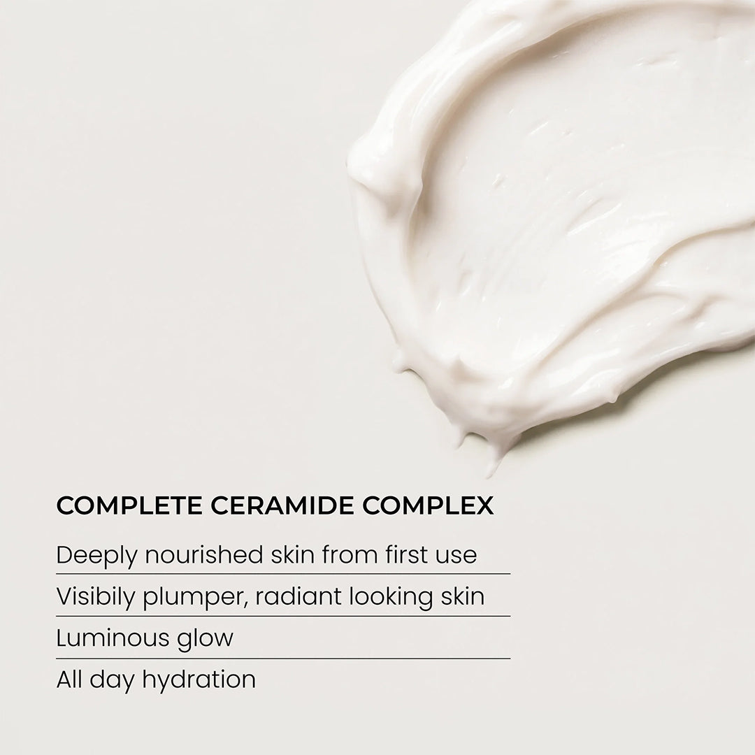Indie Lee | Barrier Boost Moisture Cream | Texture Image - close-up of a rich white cream texture with text highlighting a complete ceramide complex and benefits
