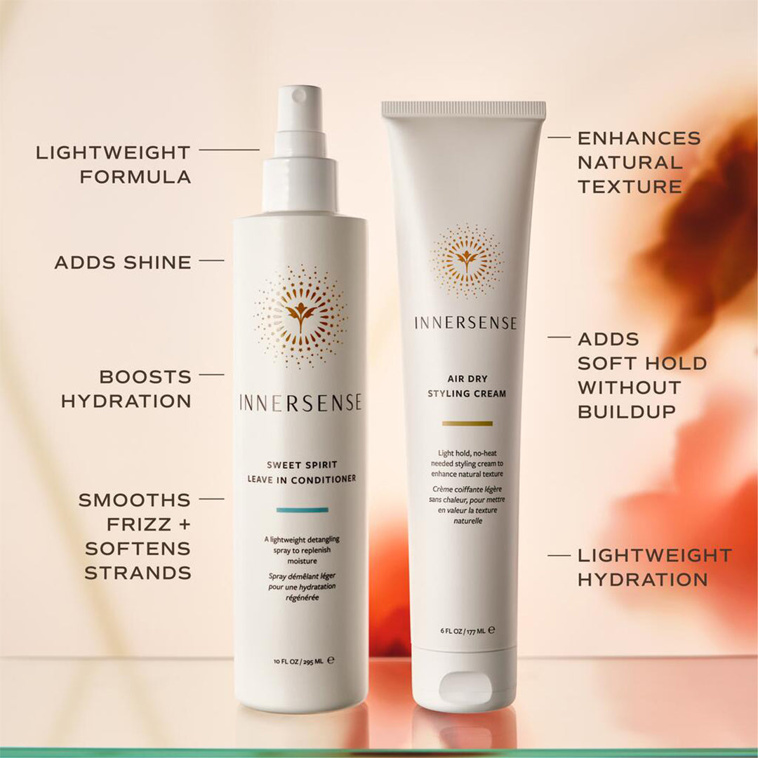 Innersense Organic Beauty | Effortless Style Duo | Benefits Image - product benefits listed around the duo