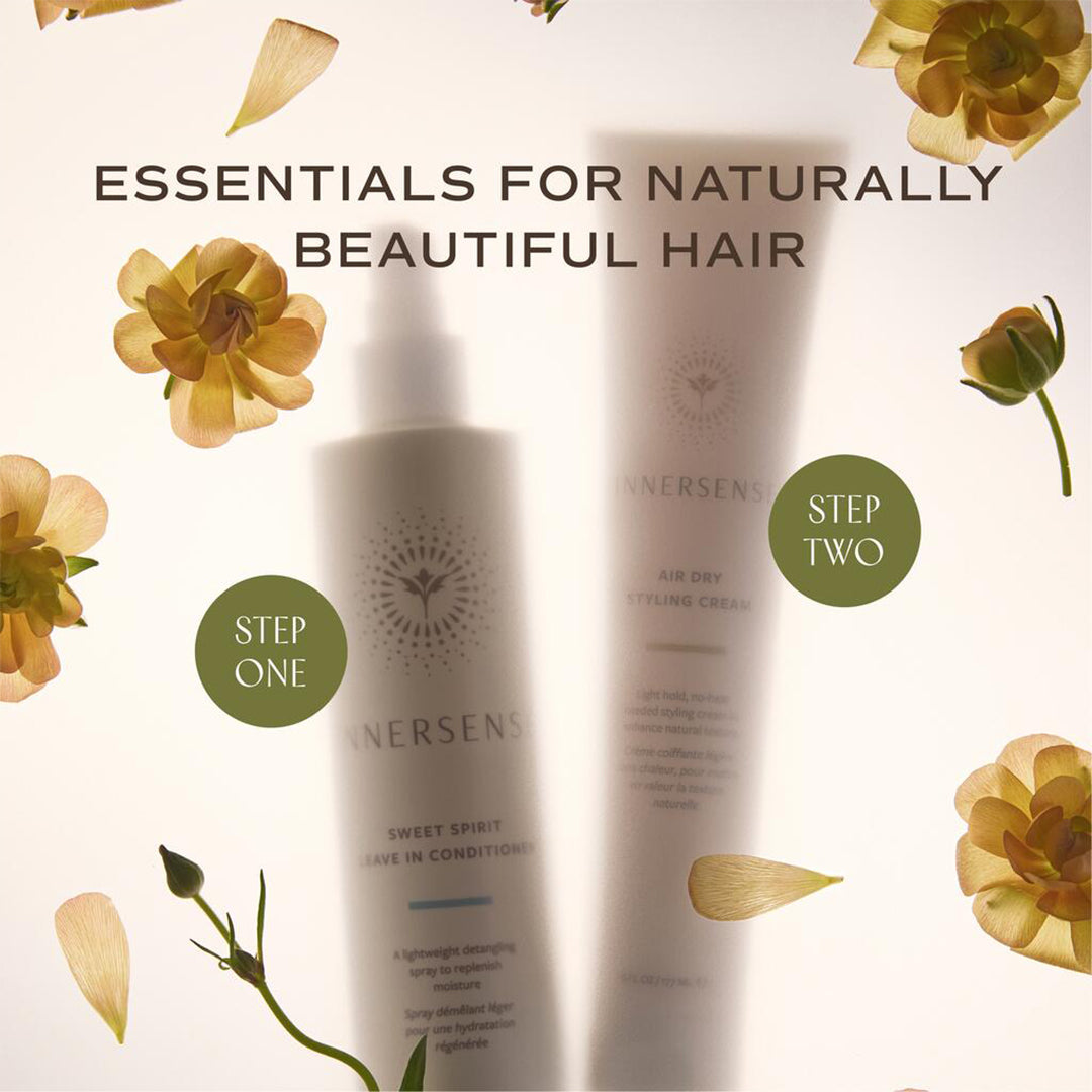 Innersense Organic Beauty | Effortless Style Duo | Step 1 & 2 Image - Sweet Spirit Leave In Conditioner and Air Dry Styling Cream with floral accents and step-one and step-two labels