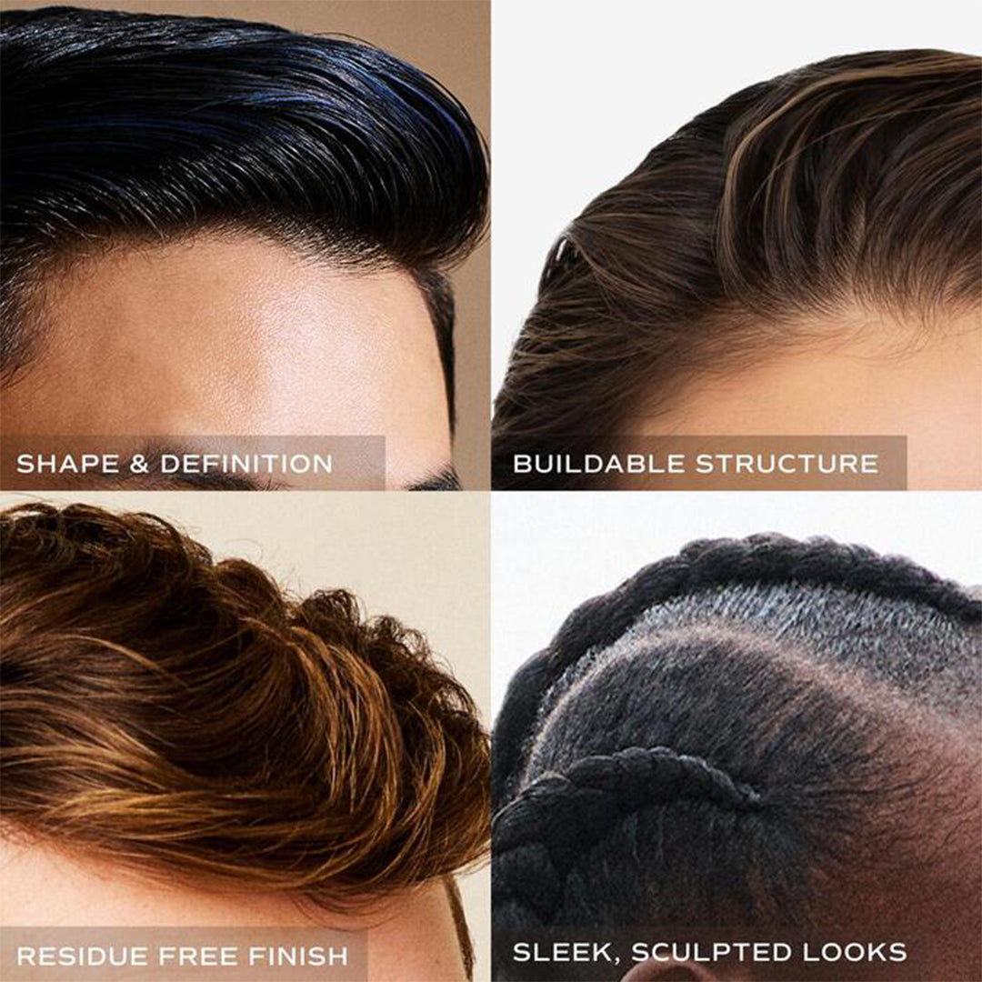 Innersense Organic Beauty | Inner Reflection Sculpting Pomade | Hairstyle Collage - collage showing different styled hairstyles with text highlighting shape, definition, structure, and sleek looks