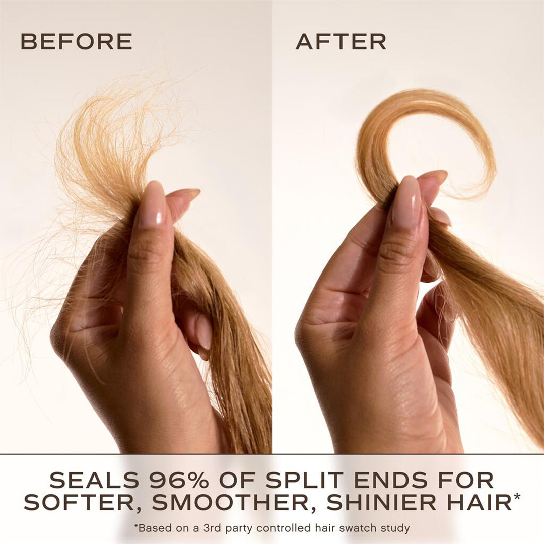 Innersense Organic Beauty | Overnight Repair Serum | Before-after Split Ends. Image - before-and-after comparison showing the appearance of split ends before and after using product