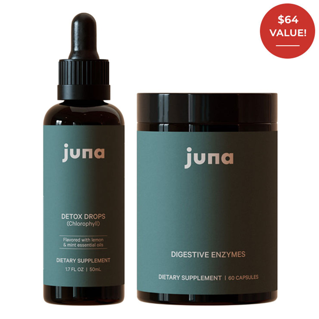 Juna | Detox/Debloat Duo | Product Image - Juna Detox Drops and Digestive Enzymes supplements on a white background with a $64 value badge