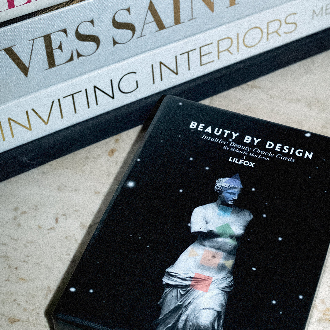 LILFOX | Beauty by Design Intuitive Beauty Oracle Cards | Box Image - cards box displayed beside stacked design books