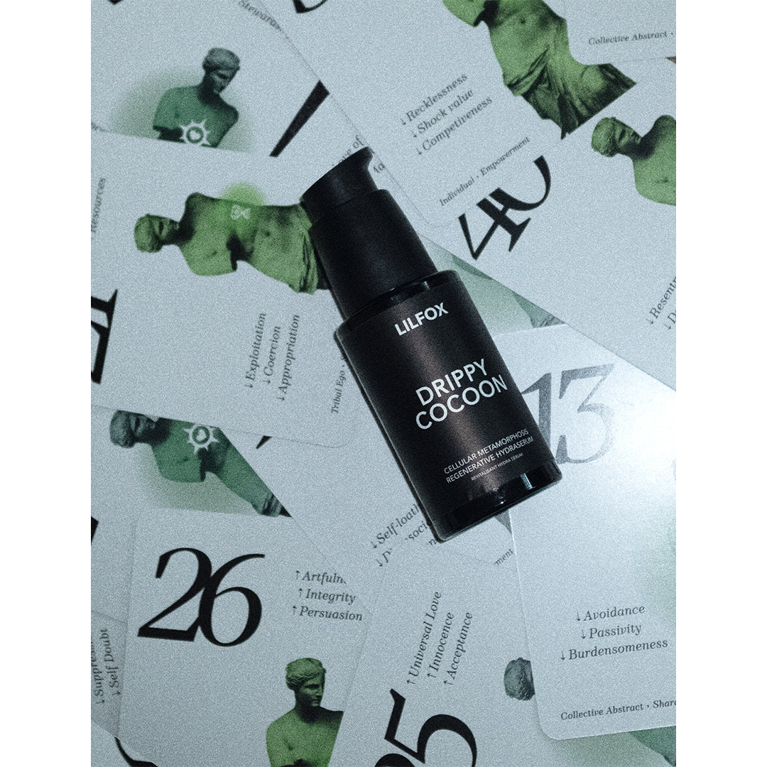 LILFOX | Beauty by Design Intuitive Beauty Oracle Cards with Drippy Cocoon | Product Image - serum displayed on cards