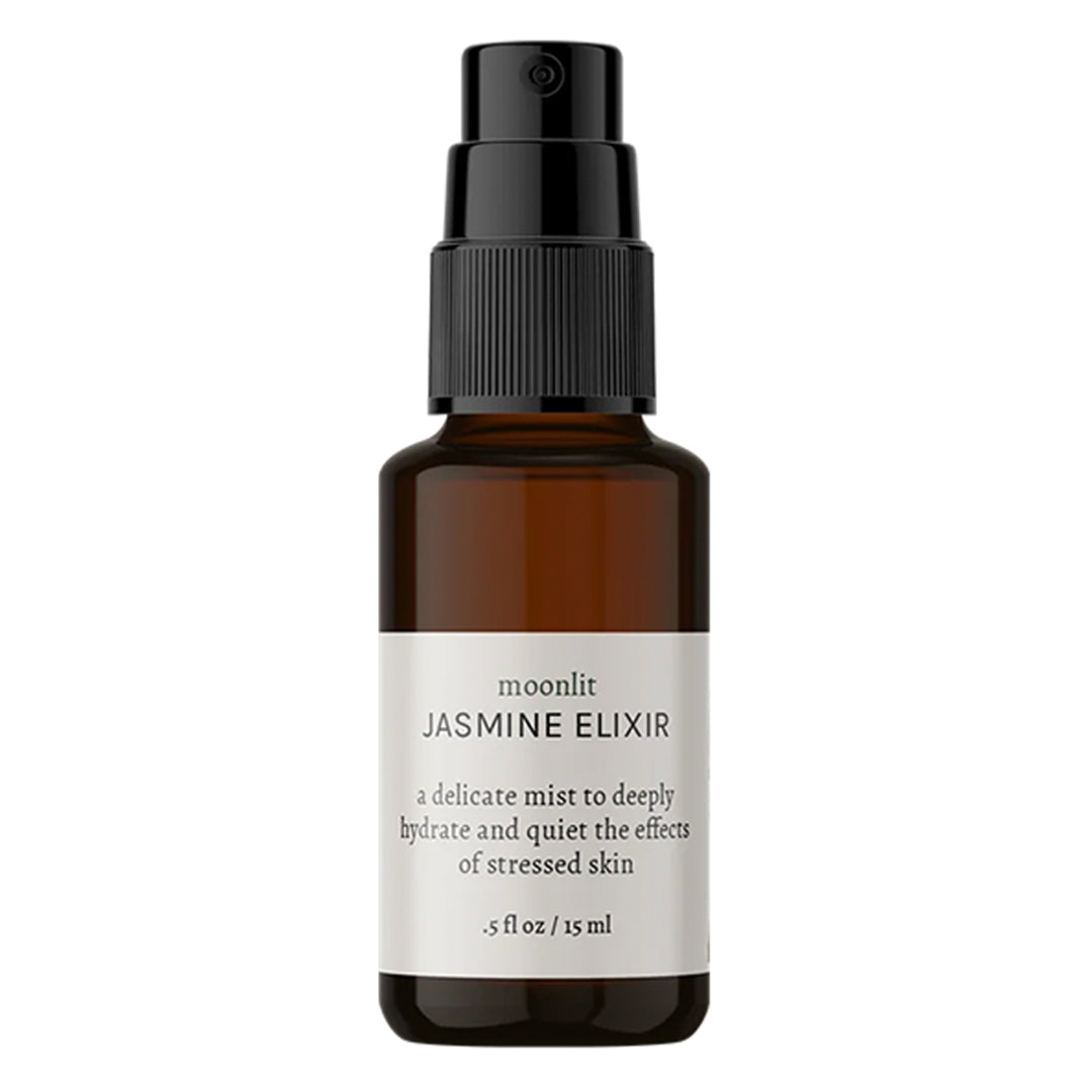 Live Botanical | Moonlight Jasmine Elixir 15ml | Product Image - small amber glass spray bottle with a black mister and white label, shown against a white background