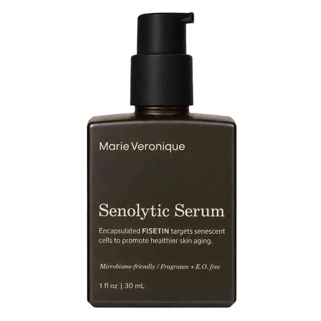 Marie Veronique | Senolytic Serum | Product Image - dark brown bottle with a matte black pump and warm ivory lettering on a white background
